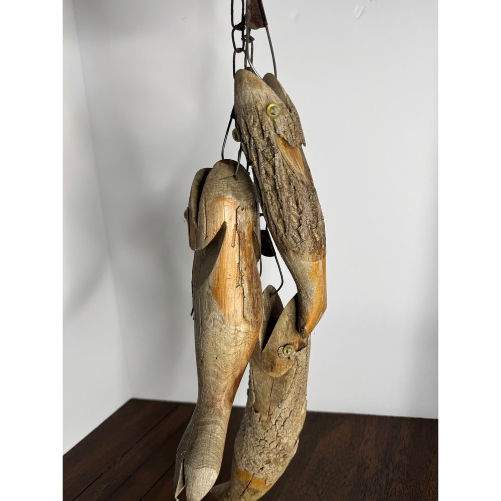 Vintage Hand Carved Wood Fish Stringer Folk Art Rustic Cabin Decor 3 Piece Set